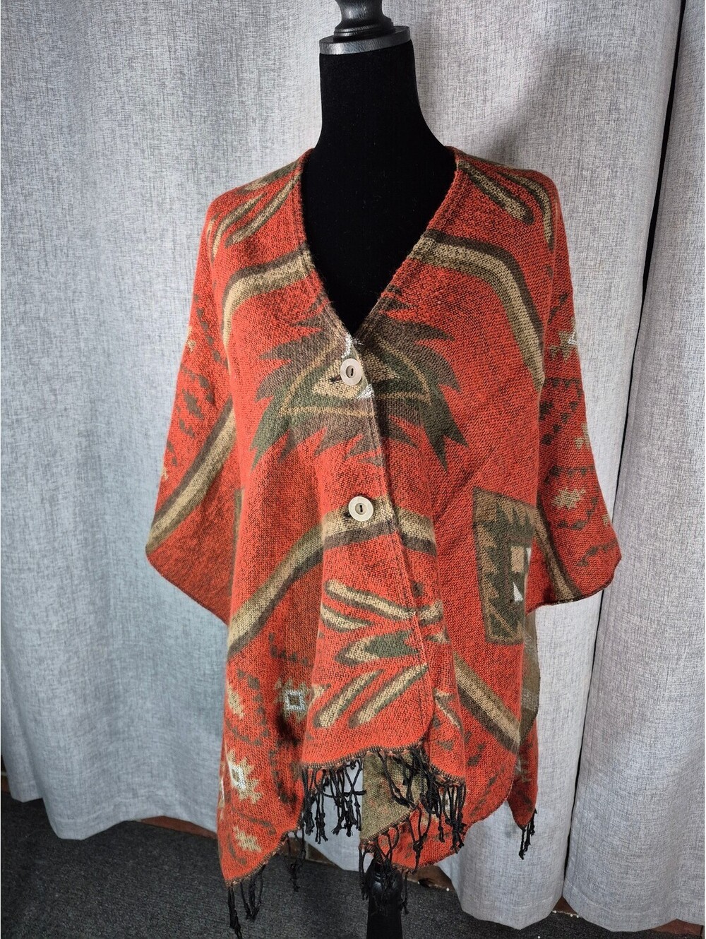 Cato Southwestern Poncho Cardigan One Size Rust Orange Fringe Button Boho